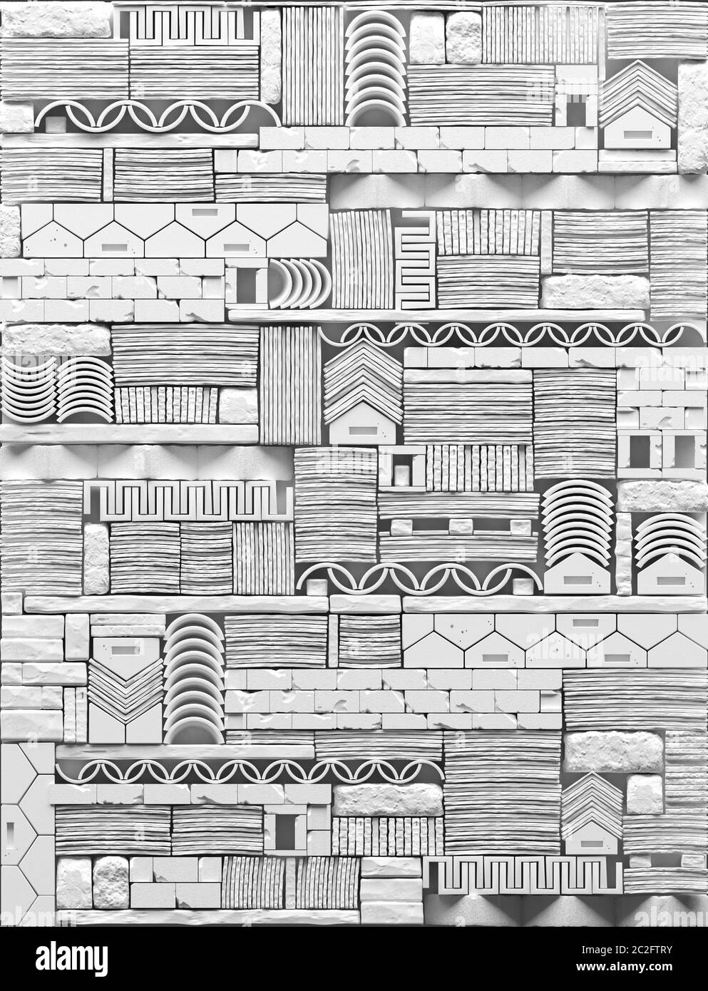 Textur der dekorativen Stein 3D-Platten an der Wand. Eine abstrakte Komposition aus Steinblöcken und Ziegeln mit Mustern im antiken Stil. Monochrom w Stockfoto