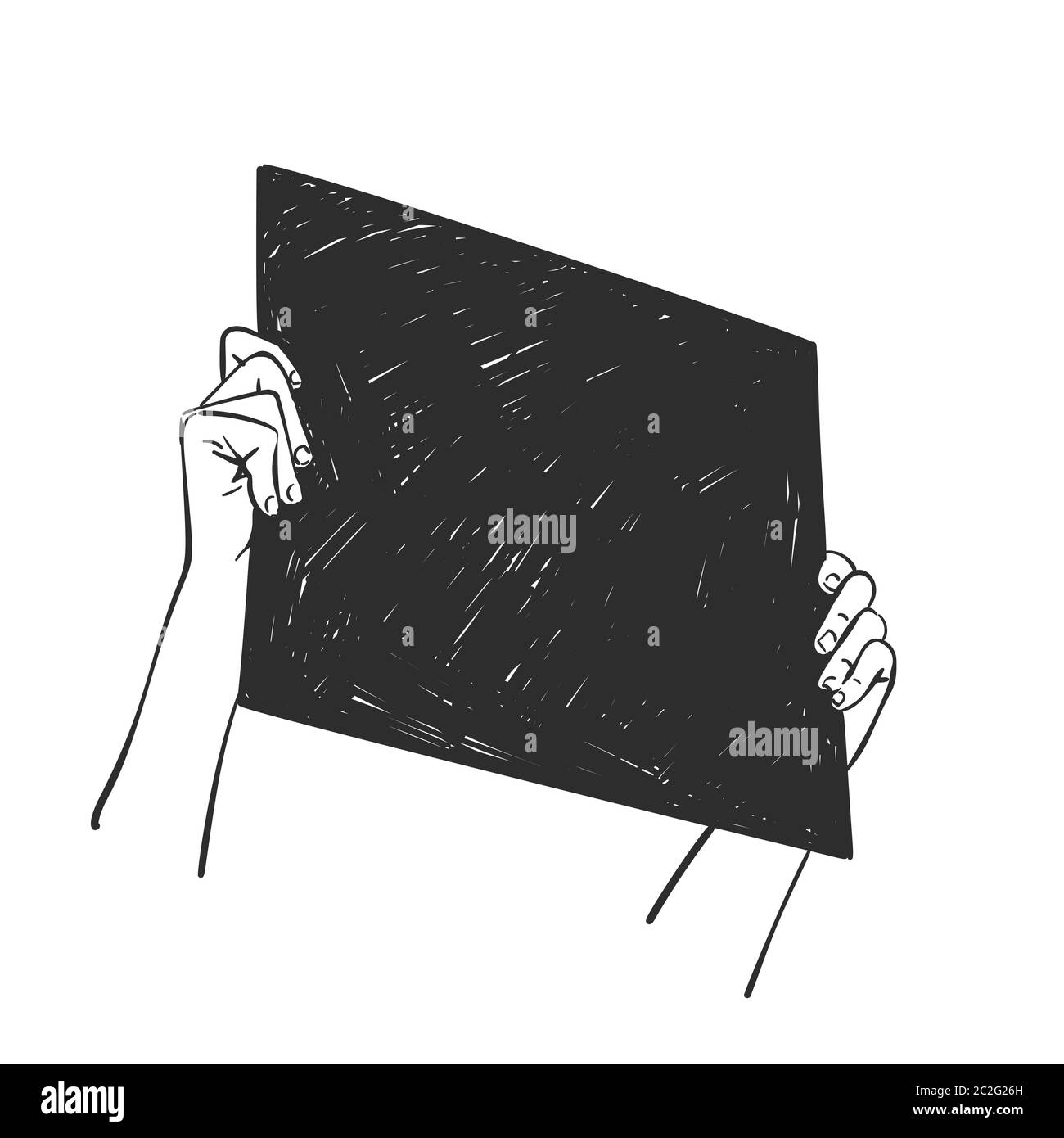 Hände halten schwarzen quadratischen Banner, Blackout dienstag Konzept. Vektorskizze, handgezeichnete Illustration Stock Vektor