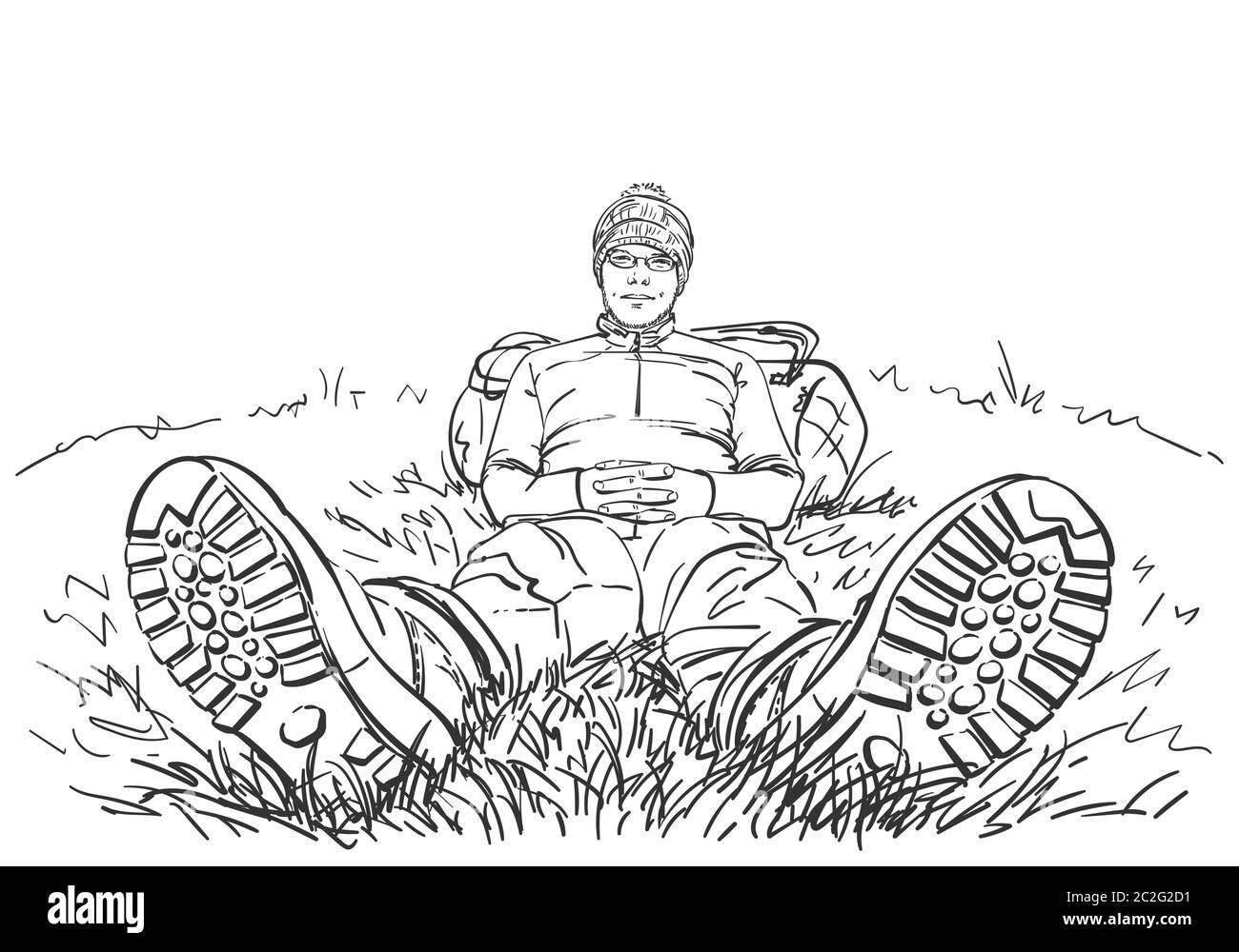 Hochperspektivische Zeichnung des Wanderers, der draußen auf dem Boden sitzt, mit Beinen in Wanderschuhen, nach vorne gestreckt und mit Rücken auf Rucksack ausgeruht. Han Stock Vektor
