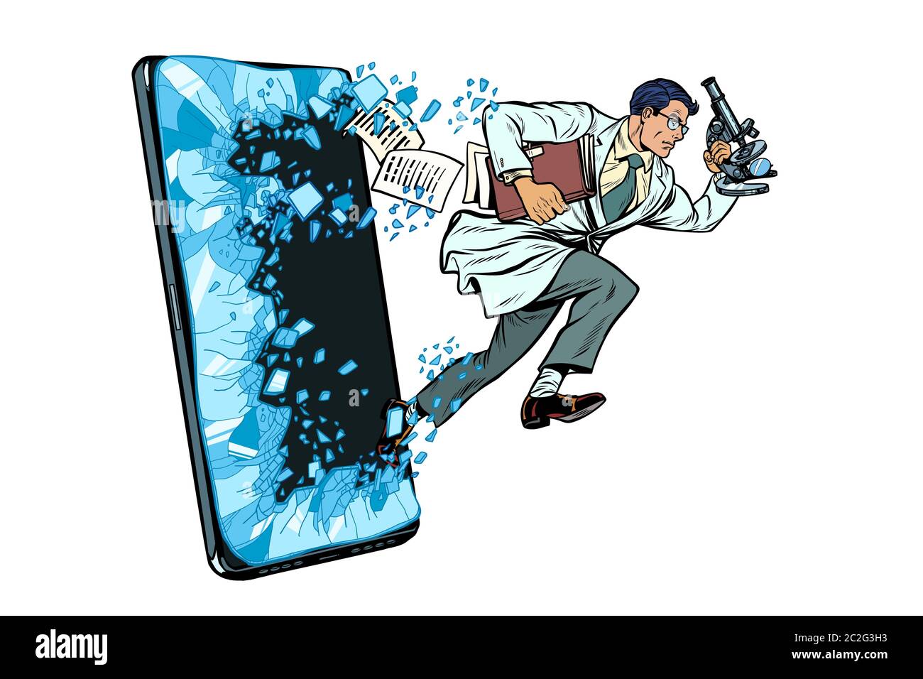 Eine männliche Wissenschaftler mit einem Mikroskop. Telefon gadget Smartphone. Online Internet Application Service Programm. Pop Art retro Vektor illustration Zeichnung vi. Stockfoto