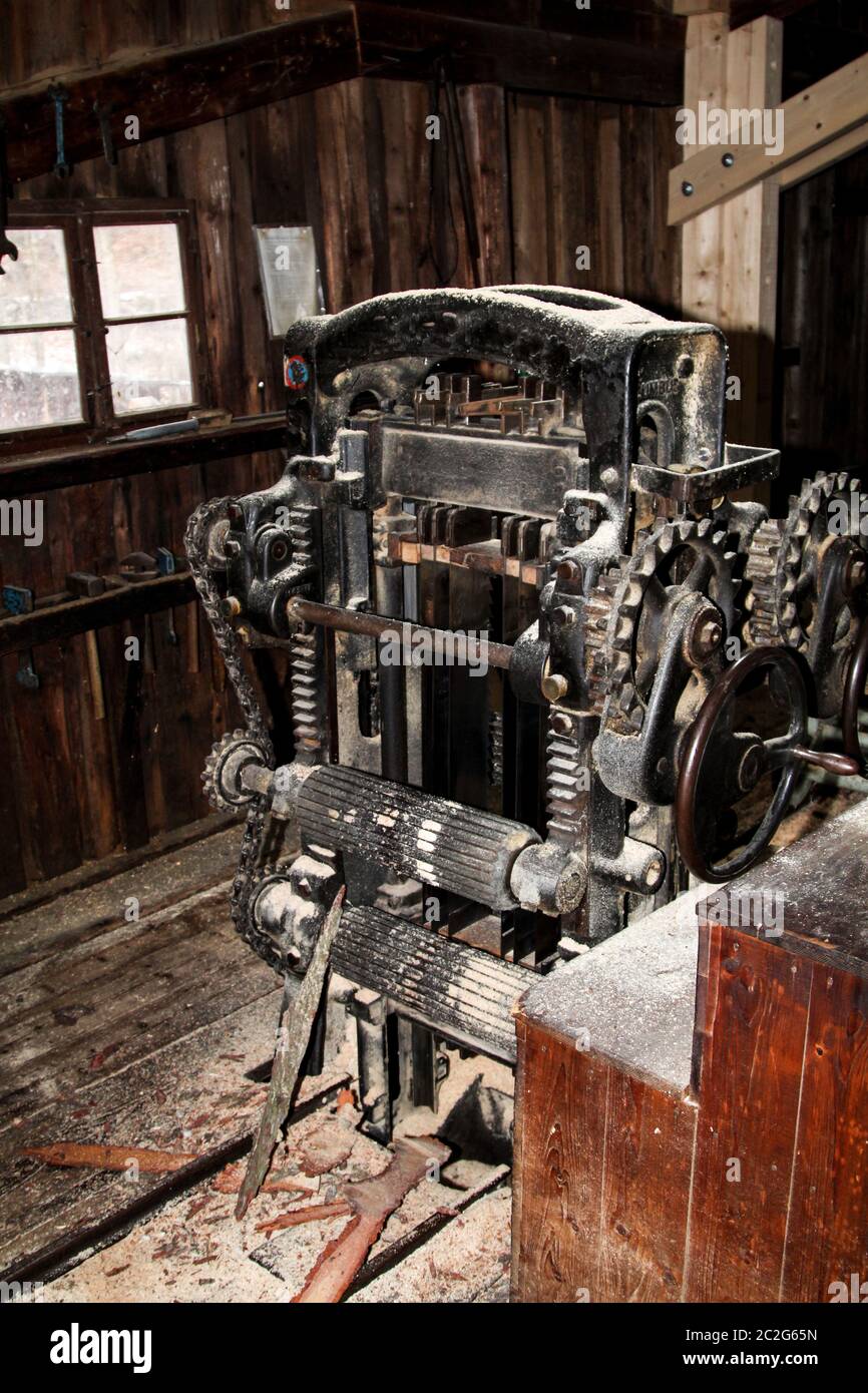 Eine Maschine zum Sägen von Holz loggt sich aus Baumstämmen ab Stockfoto