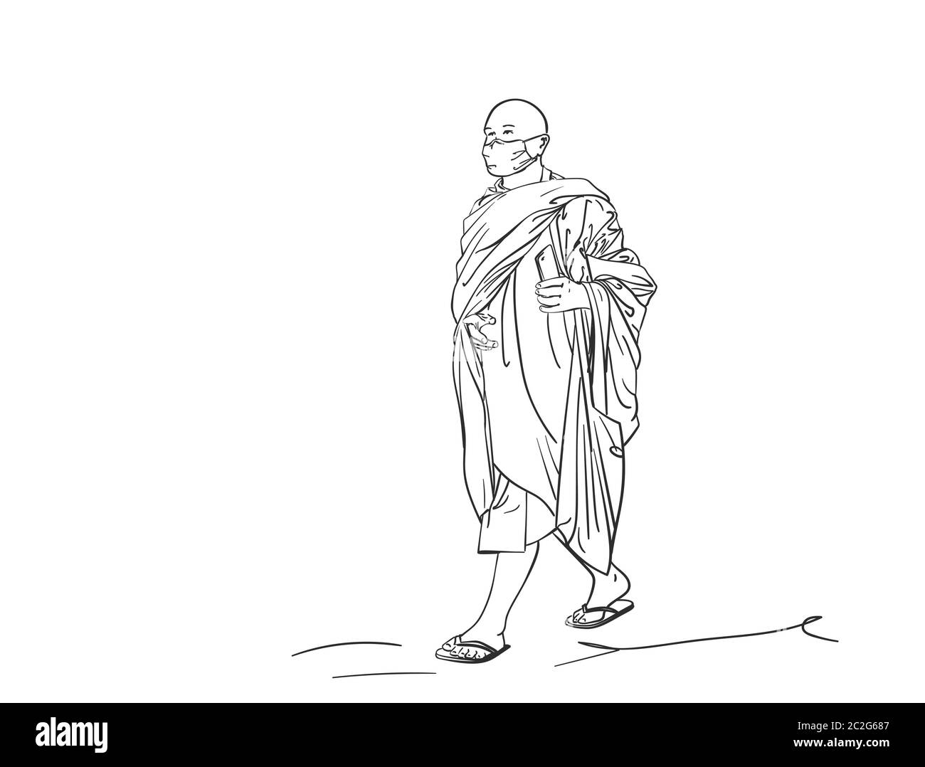 Skizze des wanderenden buddhistischen Mönchs in medizinischer Gesichtsmaske mit Smartphone in der Hand, Hand gezeichnet Vektor lineare Illustration isoliert Stock Vektor