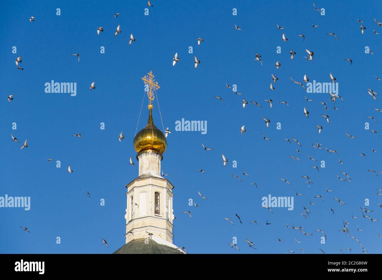 Riesige Schar von Tauben fliegen über Glockenturm gegen den blauen Himmel in einem russisch-orthodoxen Kloster. Stockfoto