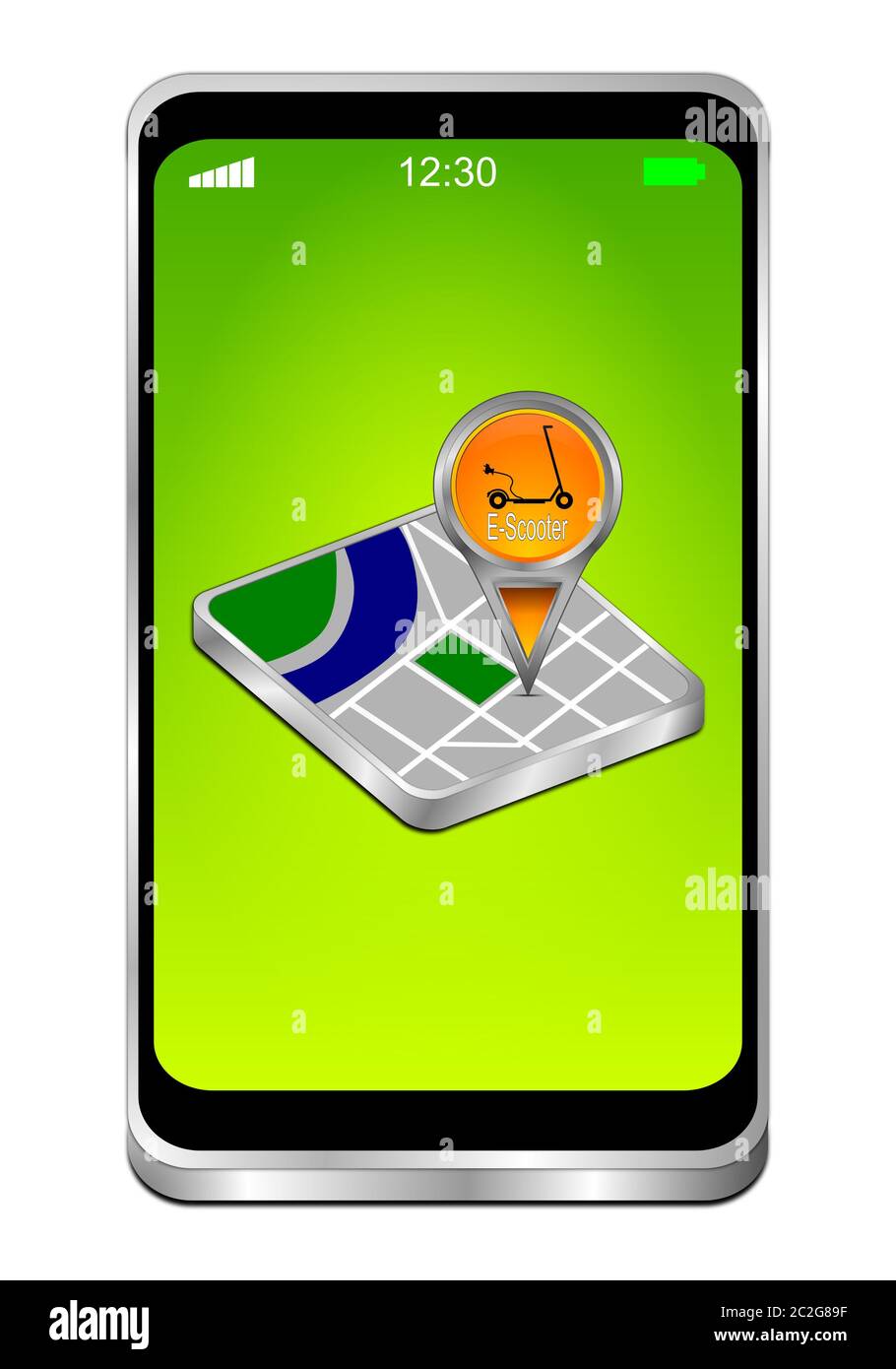 Smartphone mit Kartenzeiger mit E-Scooter auf grünem Desktop - 3D-Illustration Stockfoto