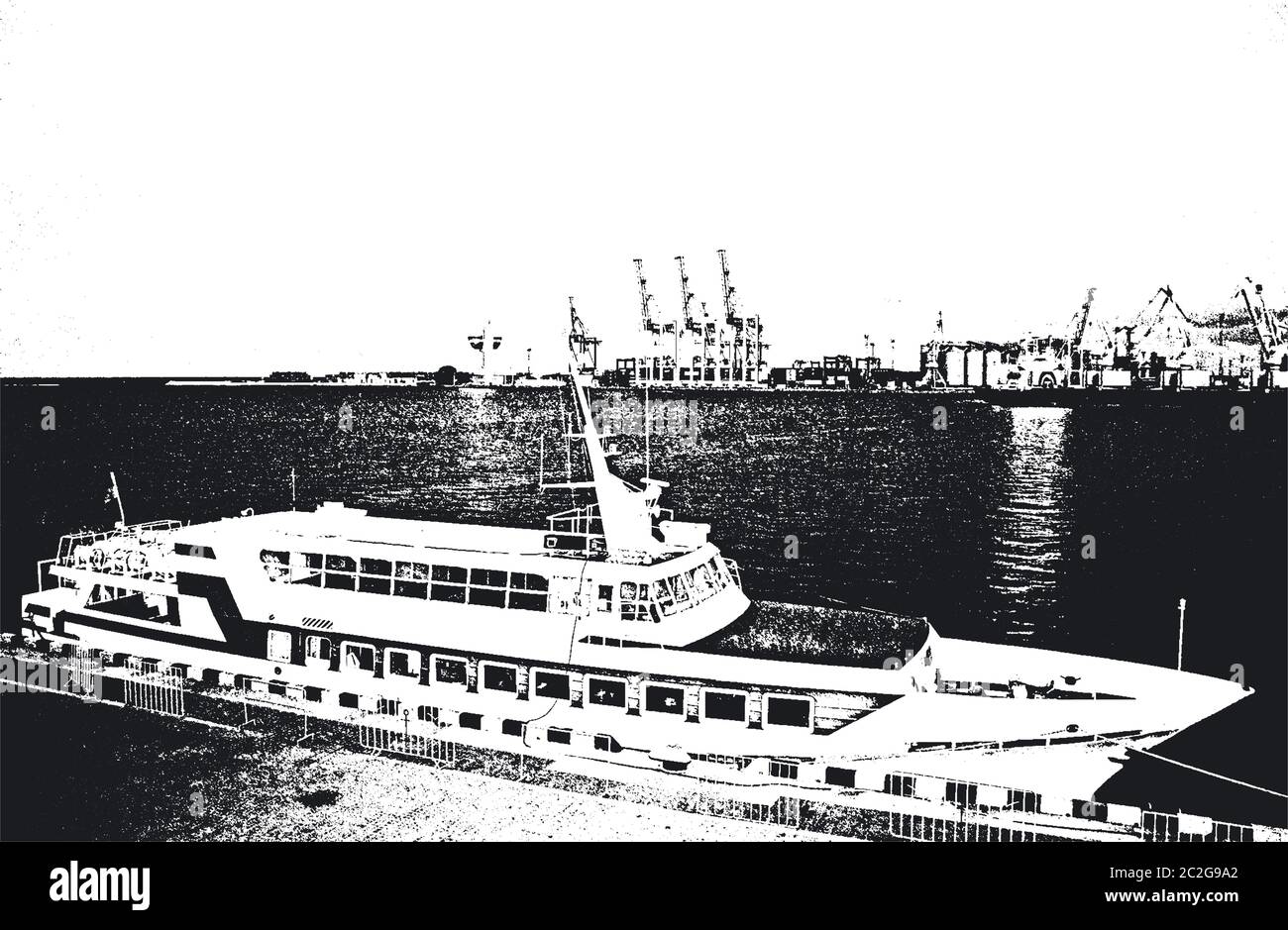 Das maritime Linienschiff wird zu dem Hafen von dem Kai vertäut. Stock Vektor