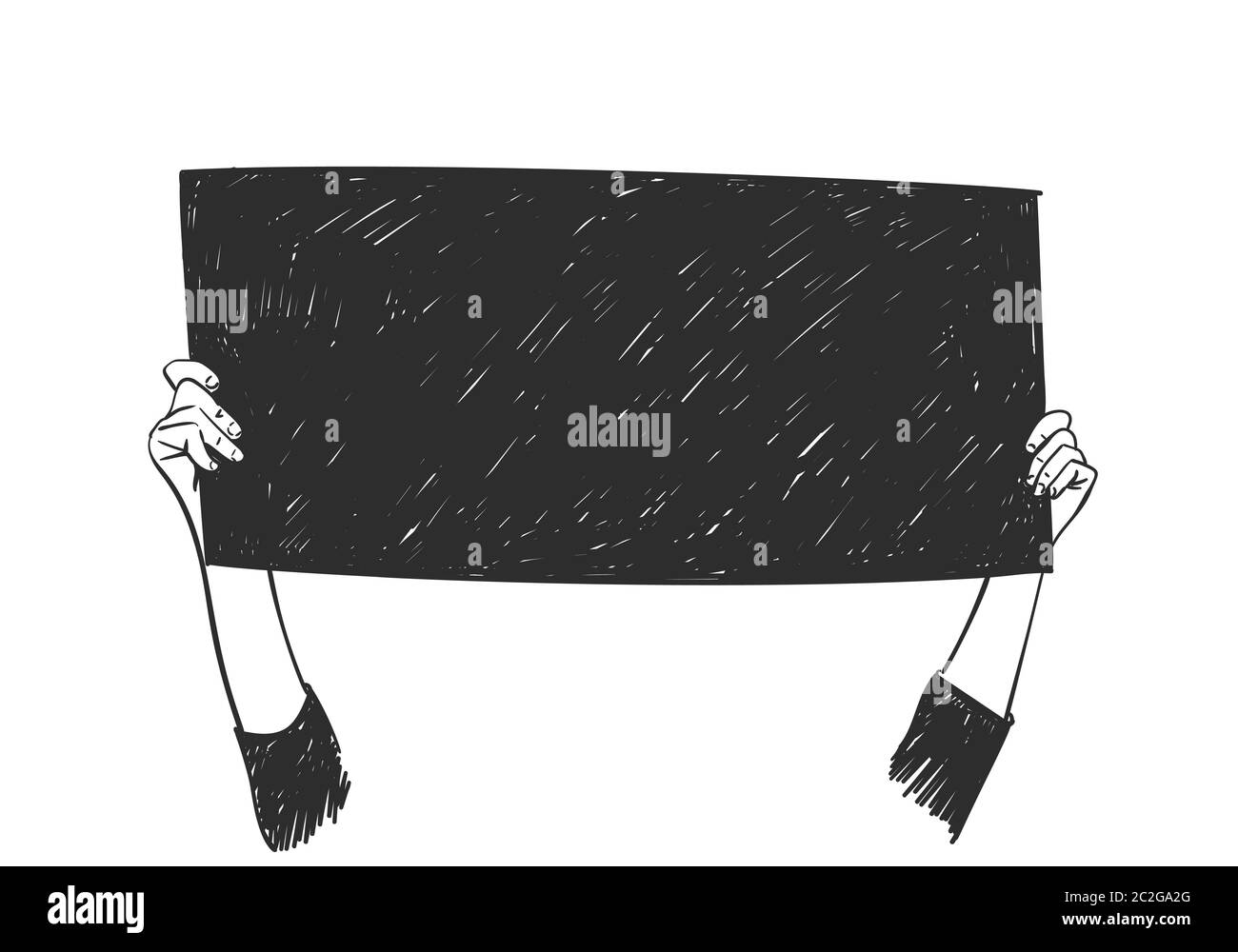 Hände halten schwarzen quadratischen Banner, Blackout dienstag Konzept. Vektorskizze, handgezeichnete Illustration Stock Vektor