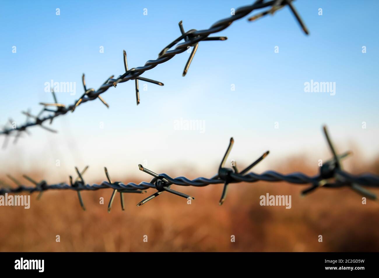 Teil eines Zauns mit Stacheldraht Stockfoto