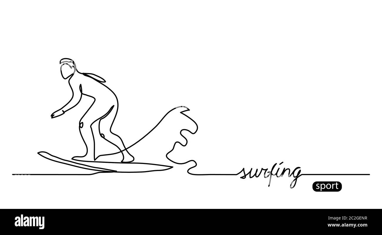 Surfer Silhouette Umriss. Surfen einfache Vektor Hintergrund, Illustration. Eine fortlaufende Linienzeichnung und Surfschrift Stock Vektor
