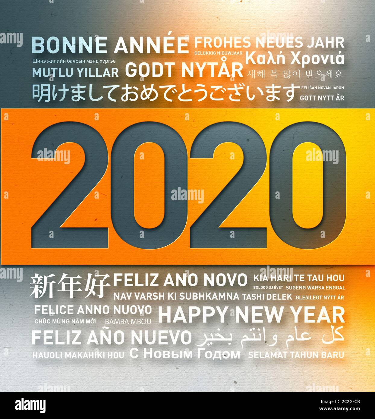 Frohes neues Jahr 2020 Grüße Karte von der Welt in verschiedenen Sprachen Stockfotografie Alamy