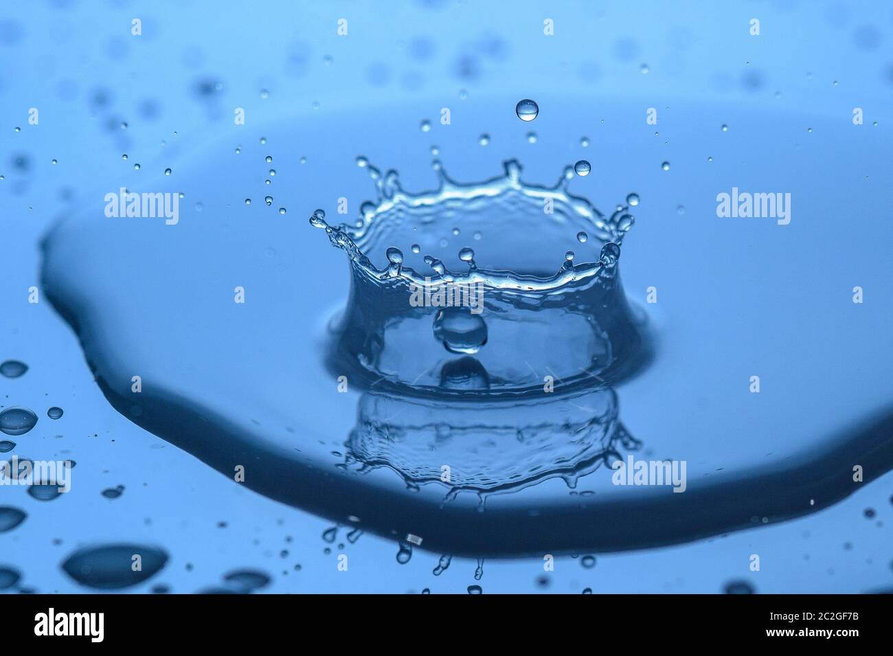 Wasser spritzt auf Glas auf blauem Hintergrund Stockfoto