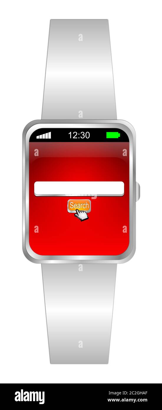 Smartwatch mit orangefarbener Internet-Suchmaschine auf rotem Desktop - 3D-Illustration Stockfoto