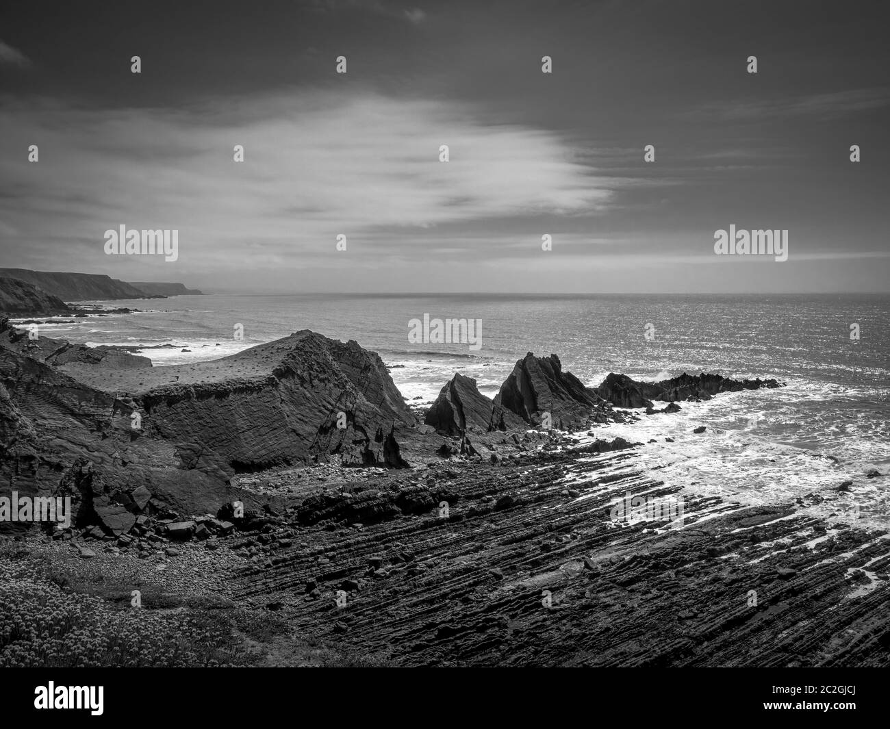 Die dramatische, zerklüftete Küste am Hartland Quay, Nord Devon. Richtung Süden. Stockfoto