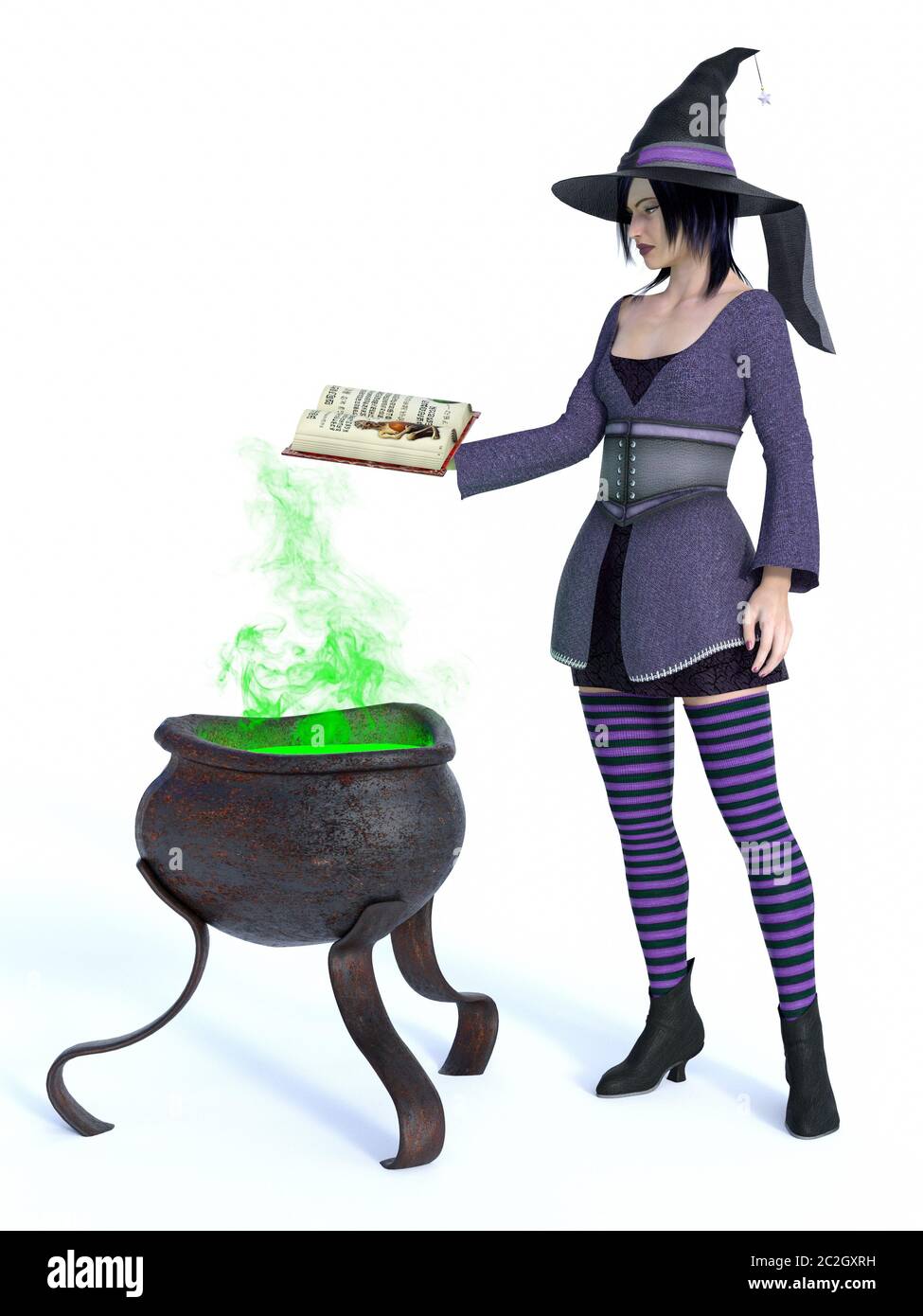 3D-Rendering für eine niedliche Pin-up-styled Hexe in lila Kleidung Holding ein Zauberbuch gekleidet. Ein großer Kessel mit grünem Rauch ist neben ihr. Weiß backgr Stockfoto