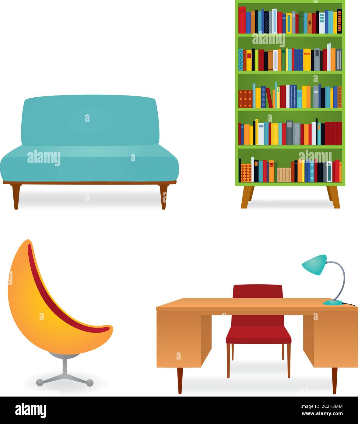 Vektor-Illustration, eine Kollektion von Möbeln im Stil der 70er Jahre. Bücherregal voller Bücher, Couch, Schreibtisch und Sessel. Isoliert auf Weiß. Stock Vektor