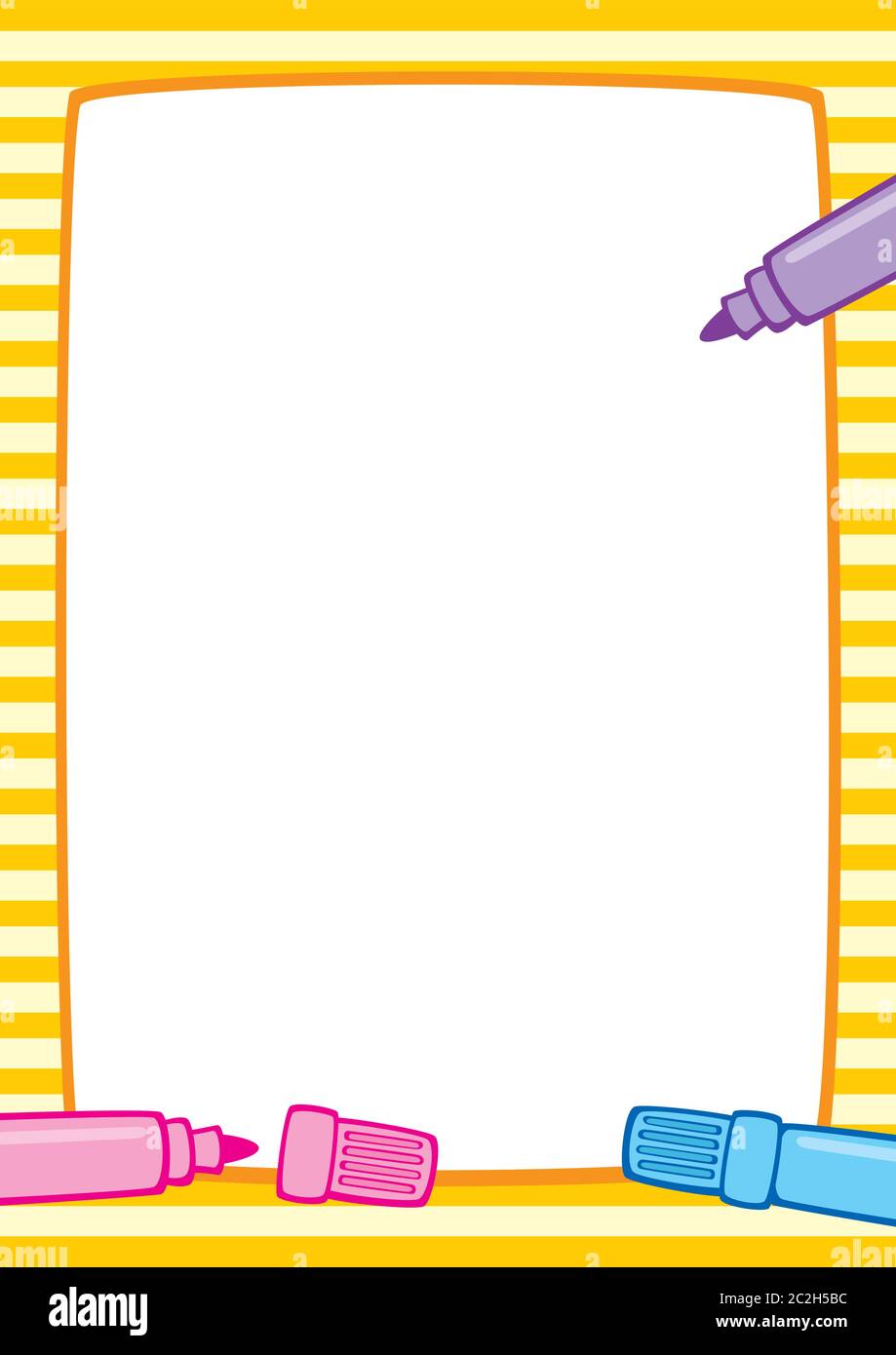Vektor bunte Illustration eines gelb gestreiften Rahmen und drei Marker Stifte: Rosa, hellblau und lila. Platzieren Sie für Text auf einem weißen Hintergrund. A4. Stock Vektor
