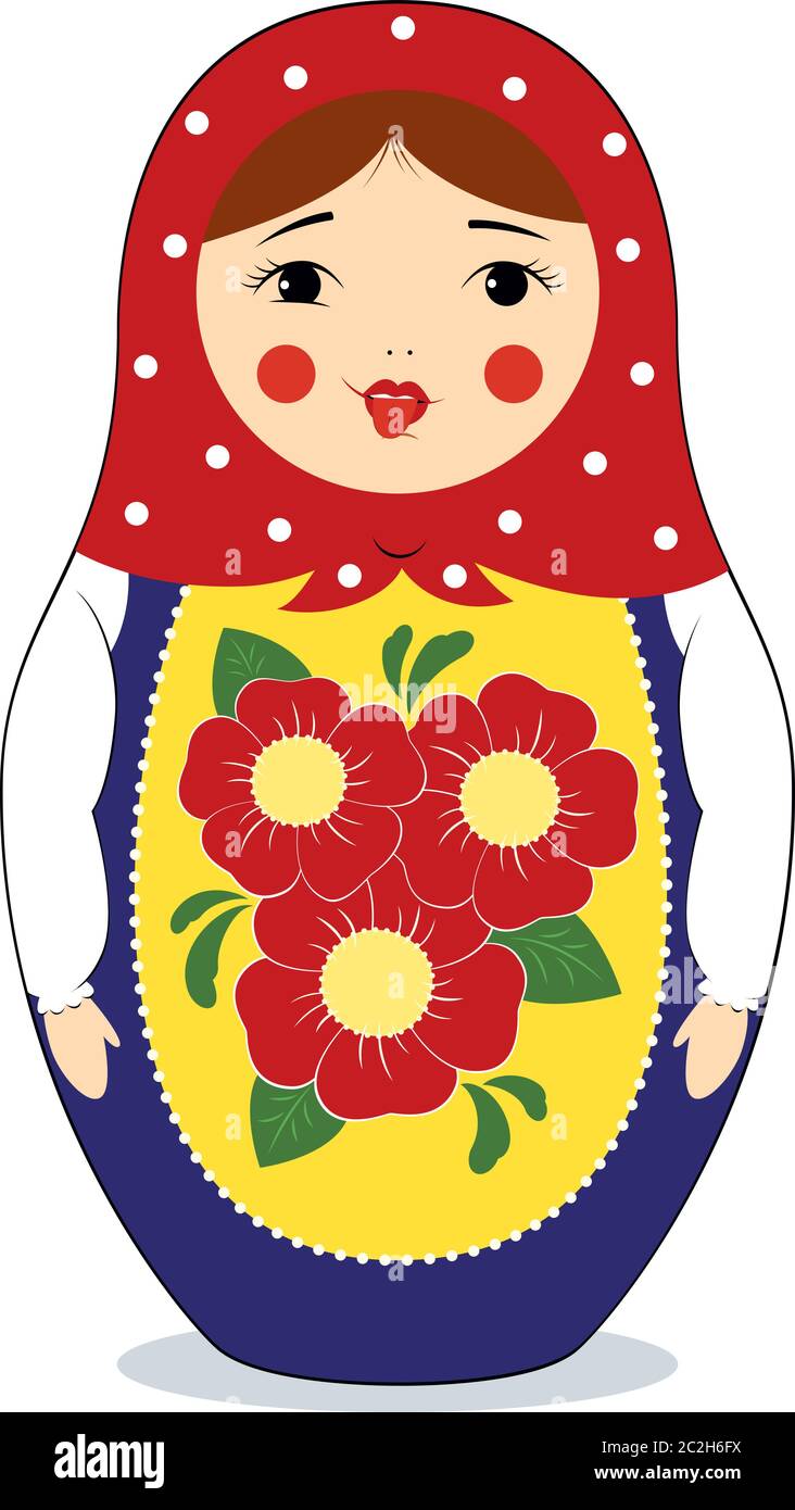 Vektor bunte Illustration einer russischen Nistpuppe Matroschka macht lustige Gesicht, zeigt ihre Zunge. Helle Farben, traditionelle Ornamente. Isolieren Stock Vektor