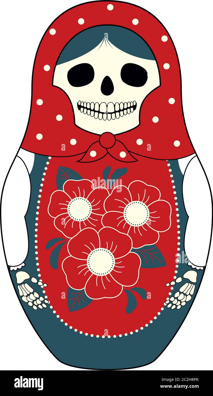 Vektor-Illustration einer russischen Nistpuppe Matroschka mit einem Schädel statt Gesicht. Grau und rot, traditionelle Ornamente. Isoliert auf Weiß. Stock Vektor