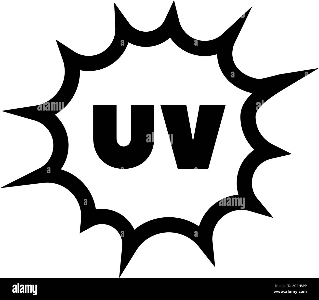 UV, Sonnenstrahl, ultravioletter Schutz. Abbildung des Symbols für flache Vektorgrafik. Einfaches schwarzes Symbol auf weißem Hintergrund. UV, Sonnenstrahl, ultraviolett Schutzgegen UV-Strahlung Stock Vektor