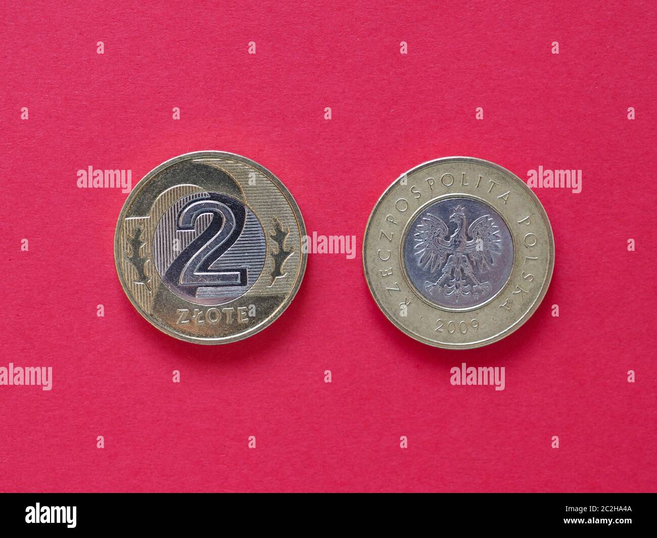 Zwei polnische Zloty (PLN) Münzen Geld, Währung von Polen Stockfoto