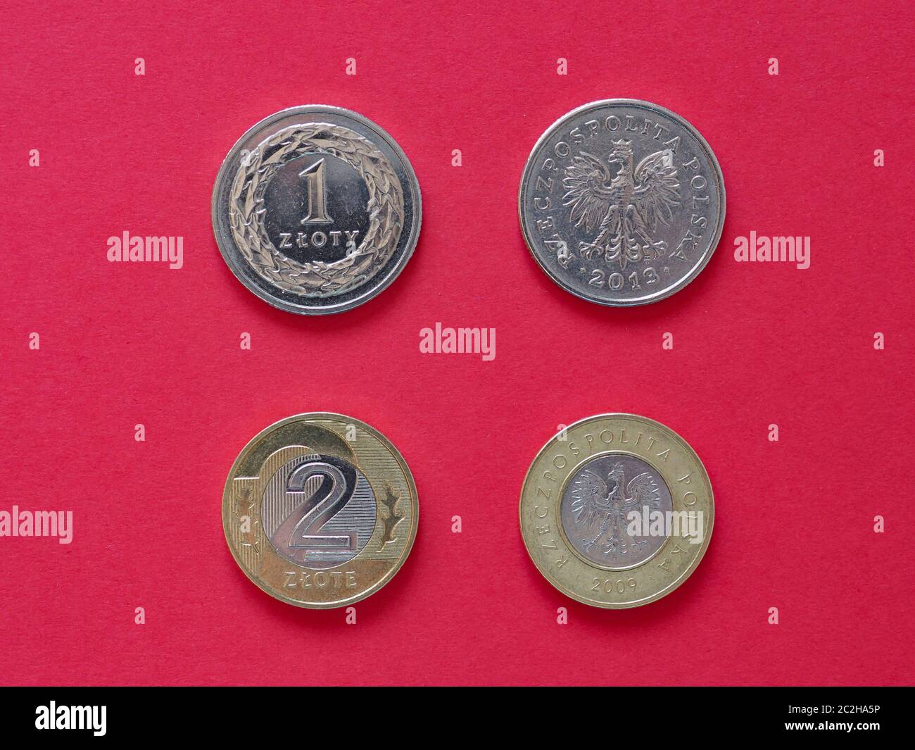 Ein und Zwei polnische Zloty (PLN) Münzen Geld, Währung von Polen Stockfoto