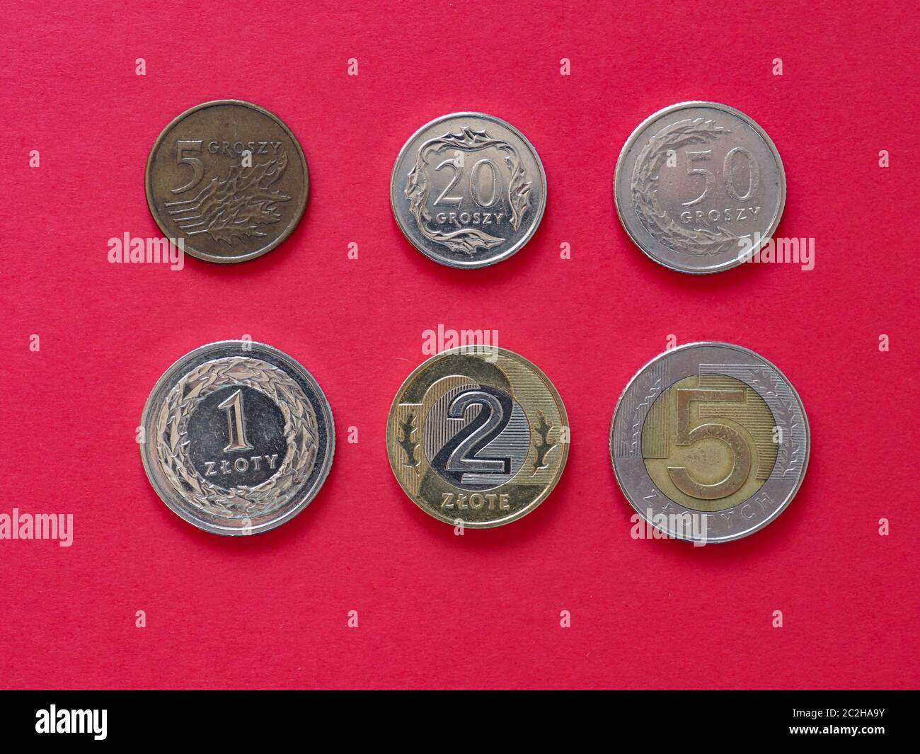 Reihe von polnischen Zloty (PLN) Münzen Geld, Währung von Polen Stockfoto