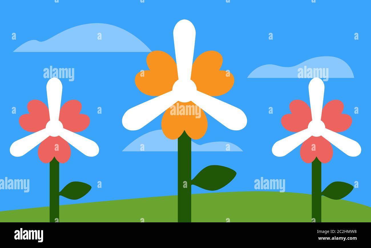 Flache Vektordarstellung von abstrakten Windturbinen oder Windmühlen als Korallen und gelbe Blumen mit grünen Stielen entworfen und auf einem Feld hinterlassen. Stock Vektor