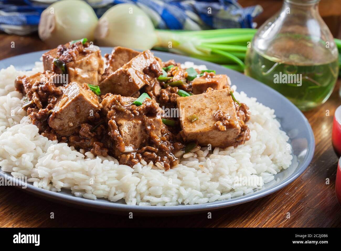 Mapo Tofu: Traditionelles, würziges Gericht aus sichuan, serviert mit Reis. Chinesische Küche Stockfoto