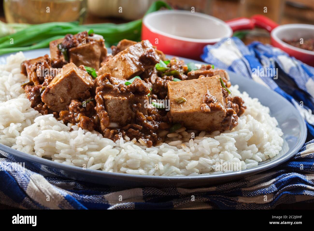 Mapo Tofu: Traditionelles, würziges Gericht aus sichuan, serviert mit Reis. Chinesische Küche Stockfoto