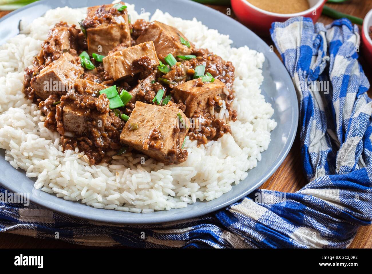 Mapo Tofu: Traditionelles, würziges Gericht aus sichuan, serviert mit Reis. Chinesische Küche Stockfoto