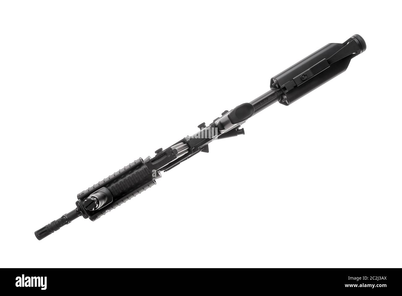 Von unten gesehen eine isolierte AR-15 Waffe auf weißem Hintergrund Stockfoto