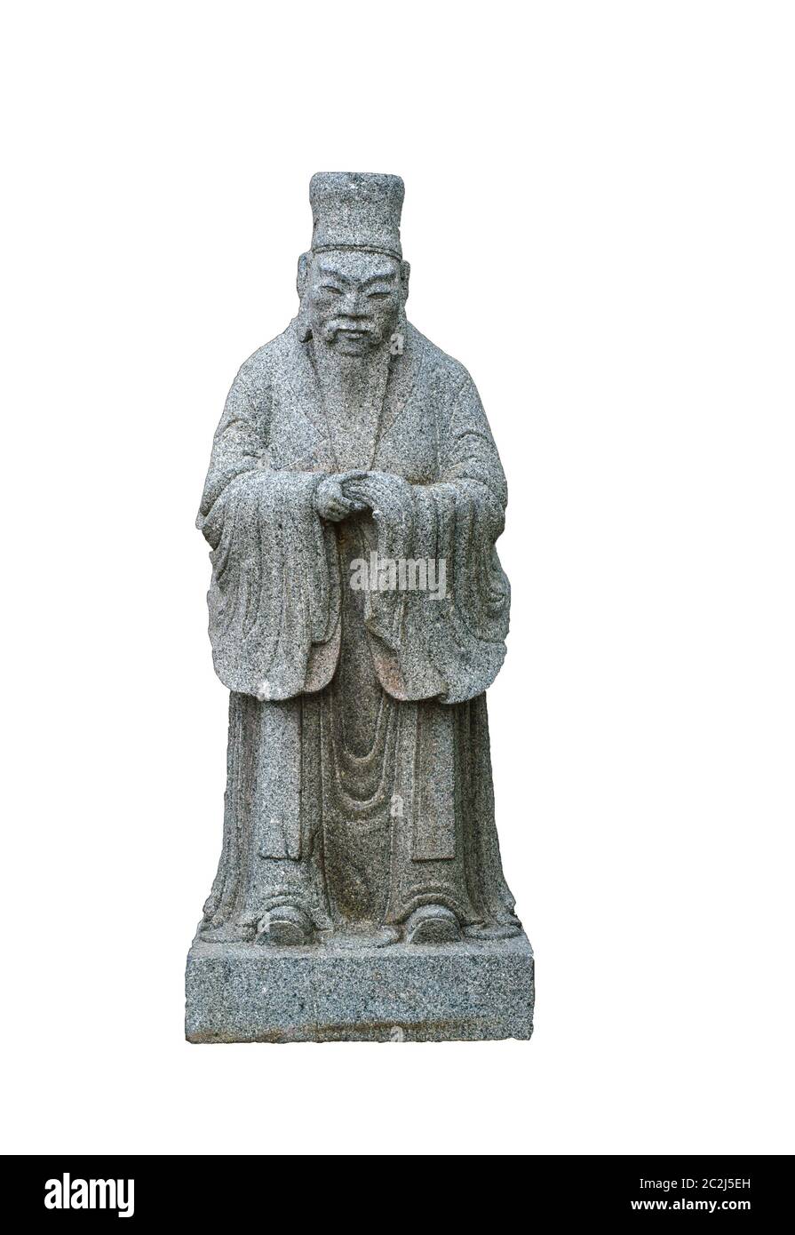 Statue des Konfuzius auf weißem Hintergrund Stockfoto
