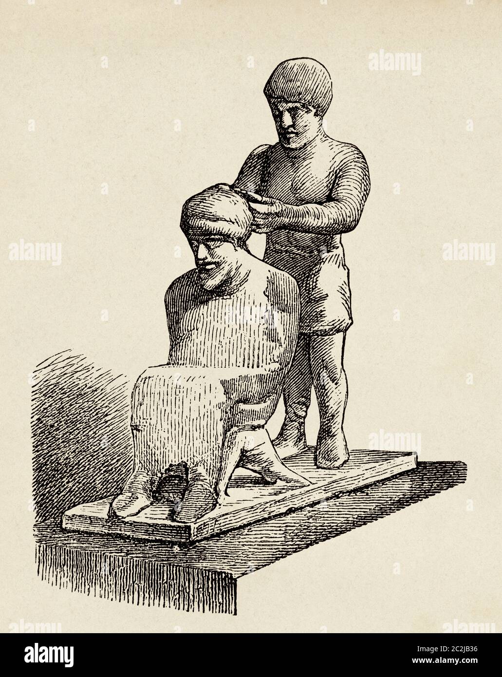 Terracotta Statuette Friseur Schneiden Haare, Tanagra, Boeotia, Anciente Griechenland. Alte Illustration aus dem 19. Jahrhundert, El Mundo Ilustrado 1880 Stockfoto