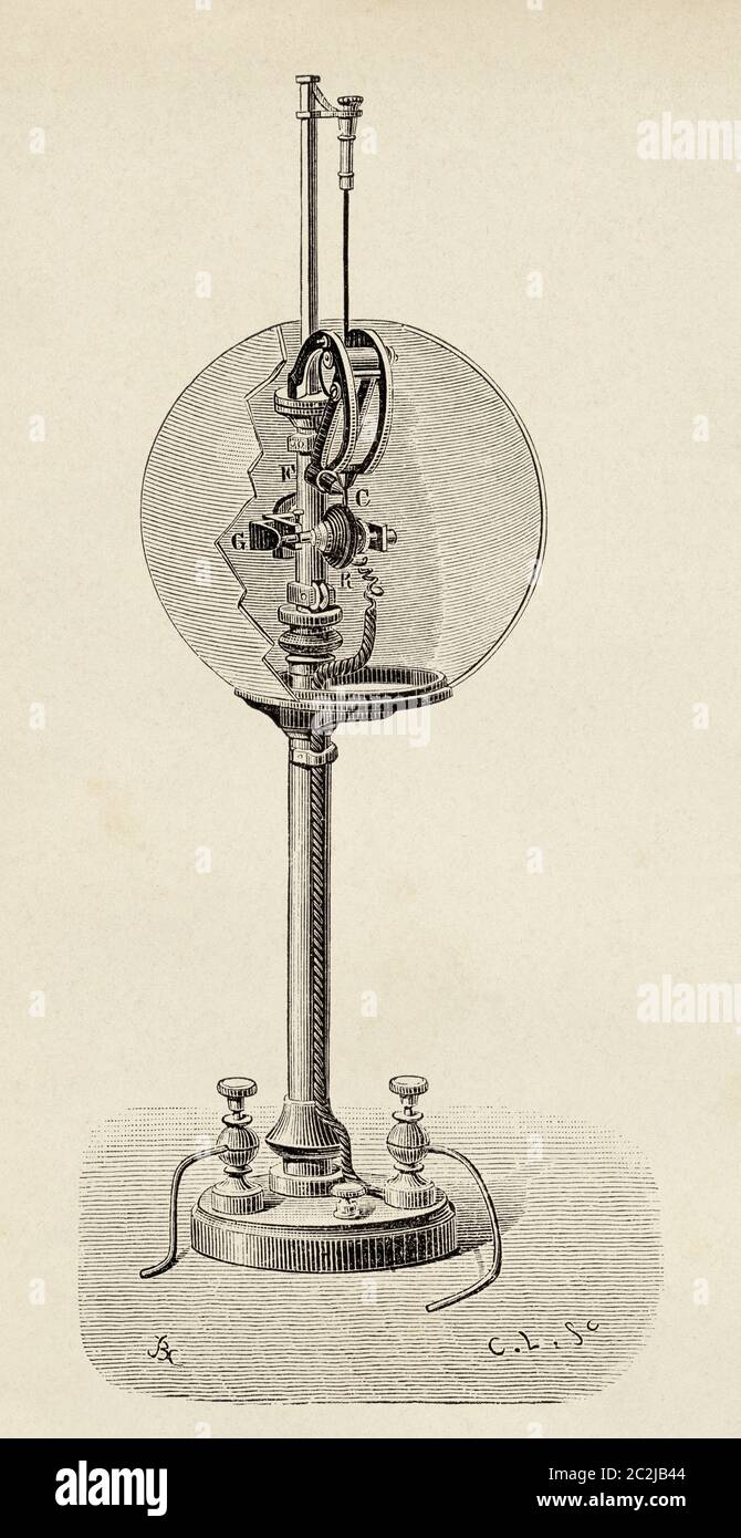 Reynier Lampe für elektrisches Licht. Alte Illustration aus dem 19. Jahrhundert, El Mundo Ilustrado 1880 Stockfoto