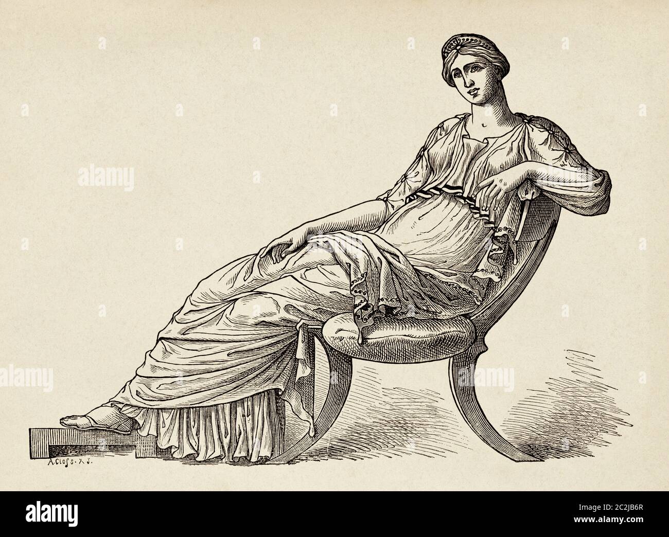 Griechische Frau sitzend, altes Griechenland. Alte Illustration aus dem 19. Jahrhundert, El Mundo Ilustrado 1880 Stockfoto