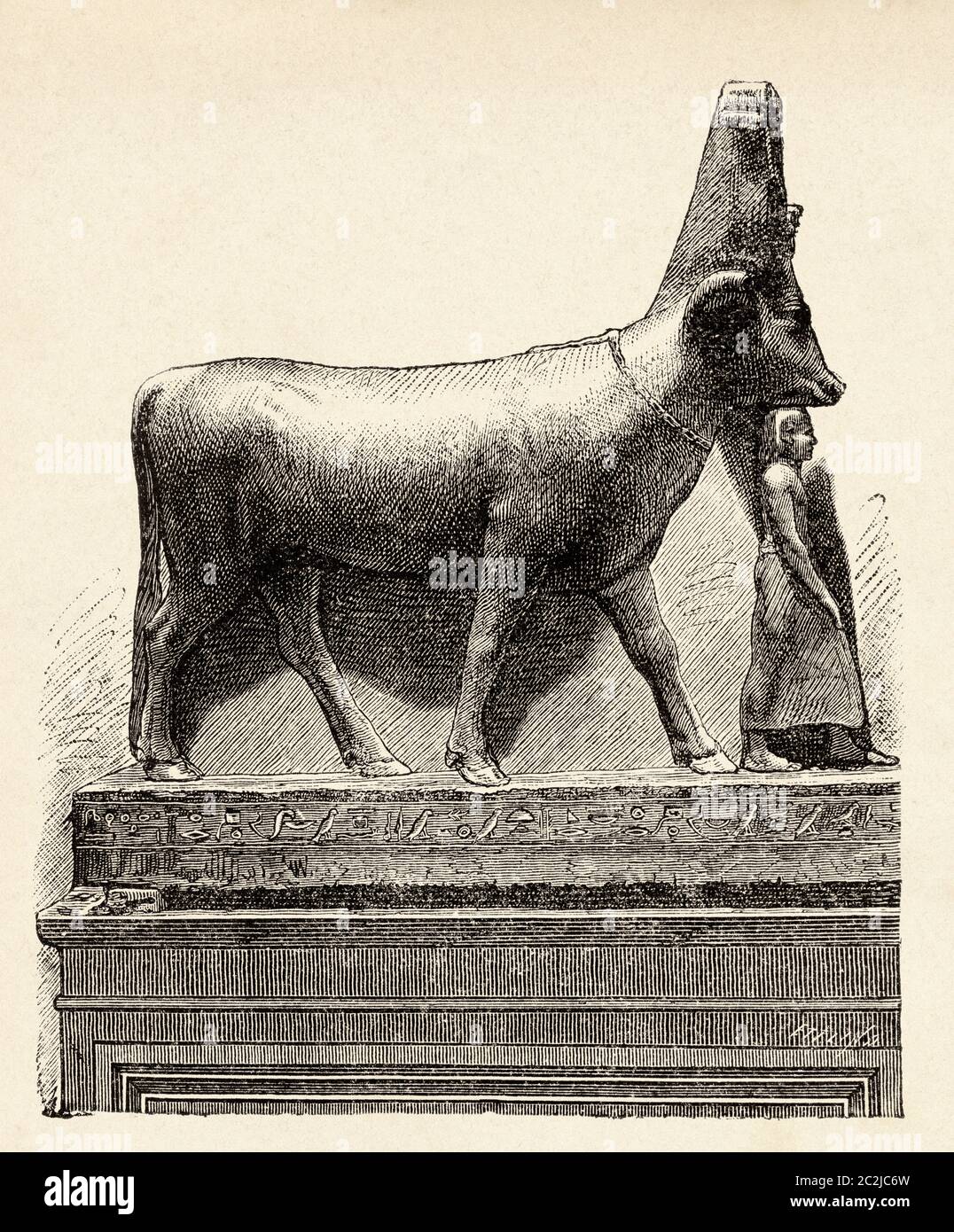 Die Göttin Hathor in Form einer heiligen Kuh, das alte Ägypten. Alte Illustration aus dem 19. Jahrhundert, El Mundo Ilustrado 1880 Stockfoto
