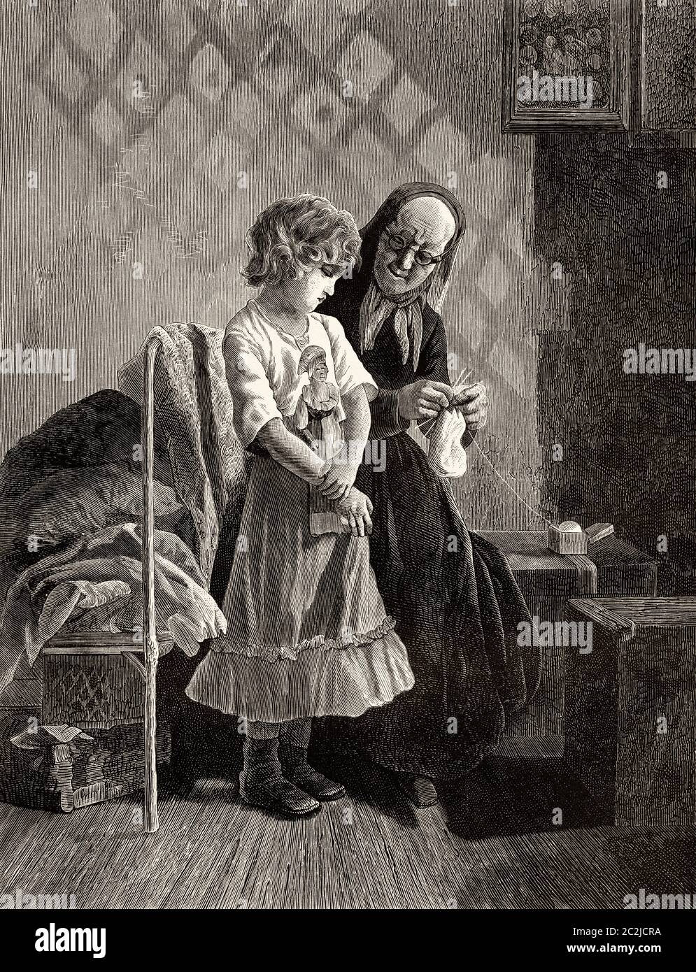 19. Jahrhundert Traditionen, Großmutter lehrt Enkelin, wie man stricken. Alte Illustration aus dem 19. Jahrhundert, El Mundo Ilustrado 1880 Stockfoto