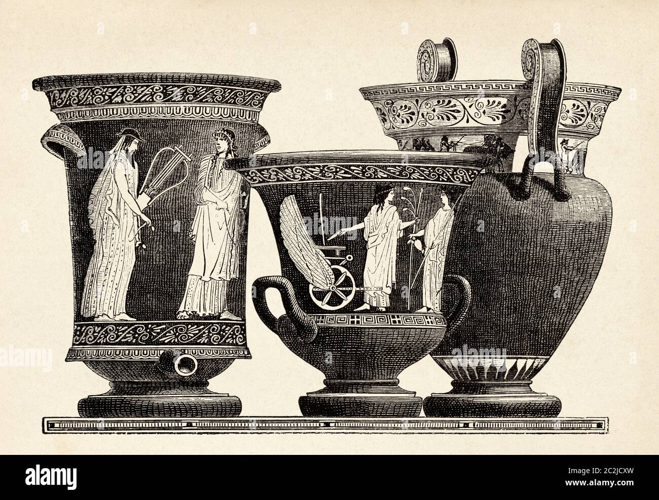 Kraterschüssel aus Terrakotta-Säulen zum Mischen von Wein und Wasser im antiken Griechenland. Alte Illustration aus dem 19. Jahrhundert, El Mundo Ilustrado 1880 Stockfoto