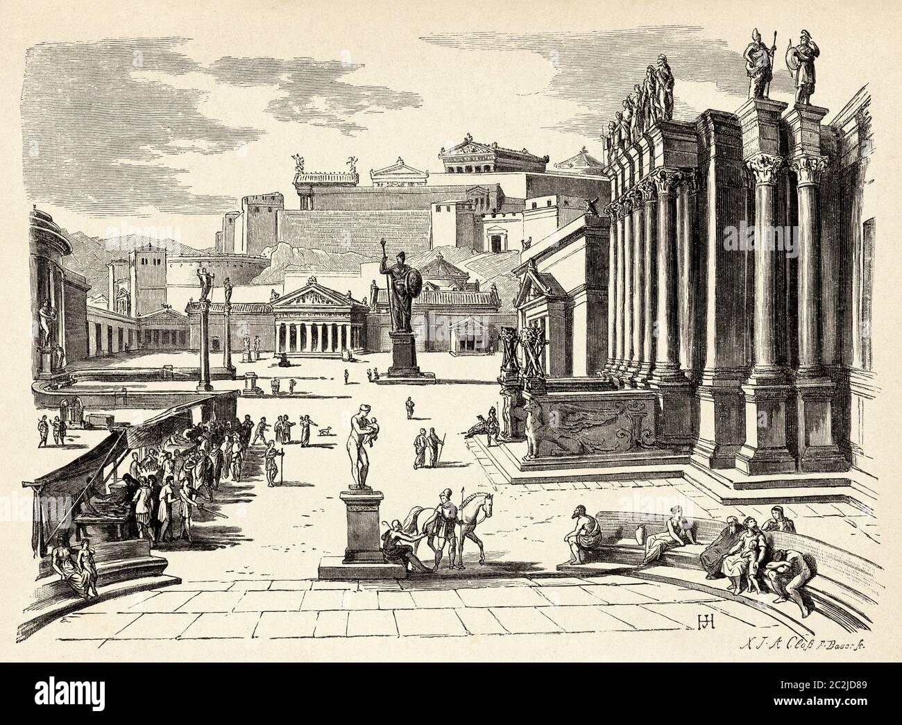 Künstlerische Erholung Blick auf den Marktplatz im alten Sparta. Das Antike Griechenland. Alte Illustration aus dem 19. Jahrhundert, El Mundo Ilustrado 1880 Stockfoto