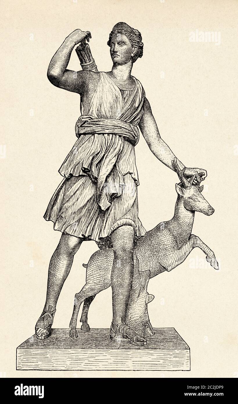 Statue der Göttin Diana die Jägerin. Marmorskulptur, altes Griechenland. Alte Illustration aus dem 19. Jahrhundert, El Mundo Ilustrado 1880 Stockfoto