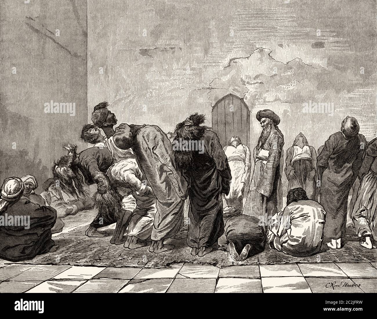 Wirbelnde Derwische im 19. Jahrhundert in Kairo, im alten Ägypten. Alte Illustration aus dem 19. Jahrhundert, El Mundo Ilustrado 1880 Stockfoto