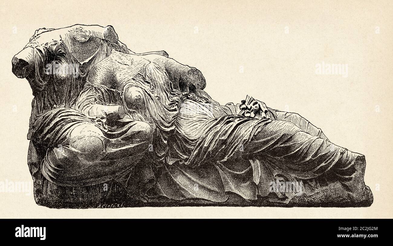 Diona und Aphrodite, Athen Parthenon Ostpediment in lokalem Carrara Marmor, altes Griechenland. Alte Illustration aus dem 19. Jahrhundert, El Mundo Ilustrado 1880 Stockfoto