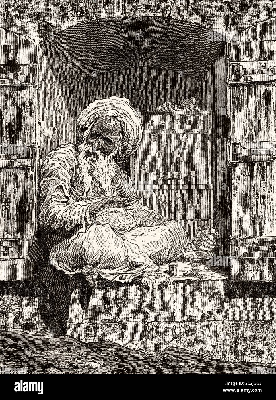 Jüdischer Geldwechsler in Kairo, im alten Ägypten. Alte Illustration aus dem 19. Jahrhundert, El Mundo Ilustrado 1880 Stockfoto