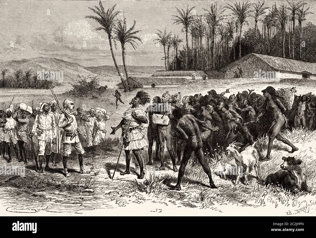 Manyema. Wie wir in Ka-Bambarre begrüßt wurden. Zentralafrika. Reise in das unerforschte Afrika, den geheimnisvollen Kontinent von Henry Morton Stanley. Alte Illustration aus dem 19. Jahrhundert, El Mundo Ilustrado 1880 Stockfoto