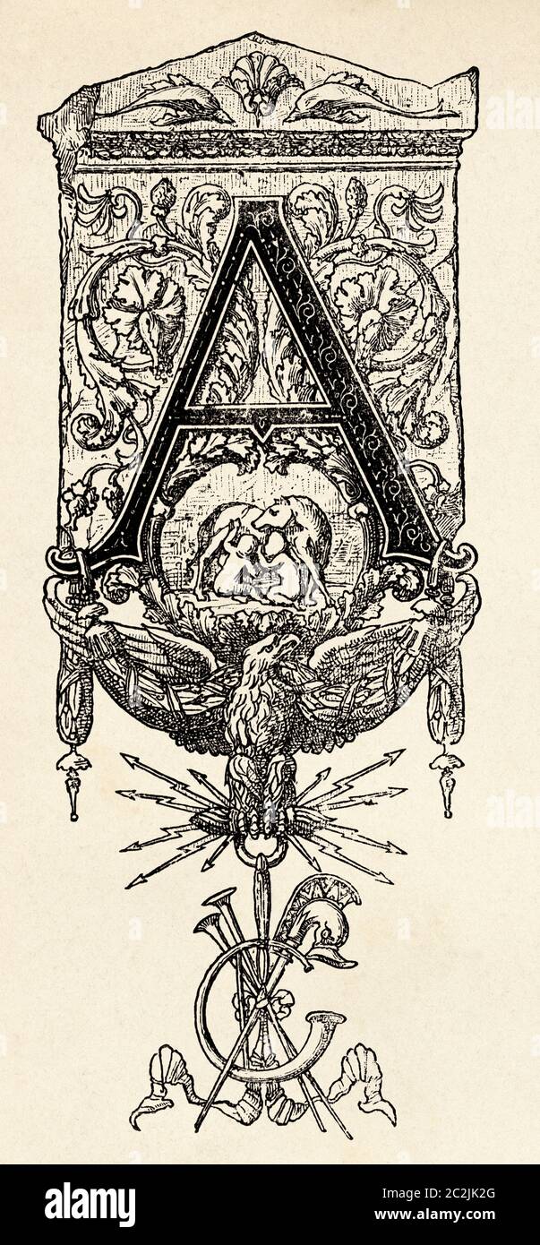 Design des 19. Jahrhunderts, Anfangsbuchstabe A. Alte gravierte Illustration des 19. Jahrhunderts, El Mundo Ilustrado 1880 Stockfoto