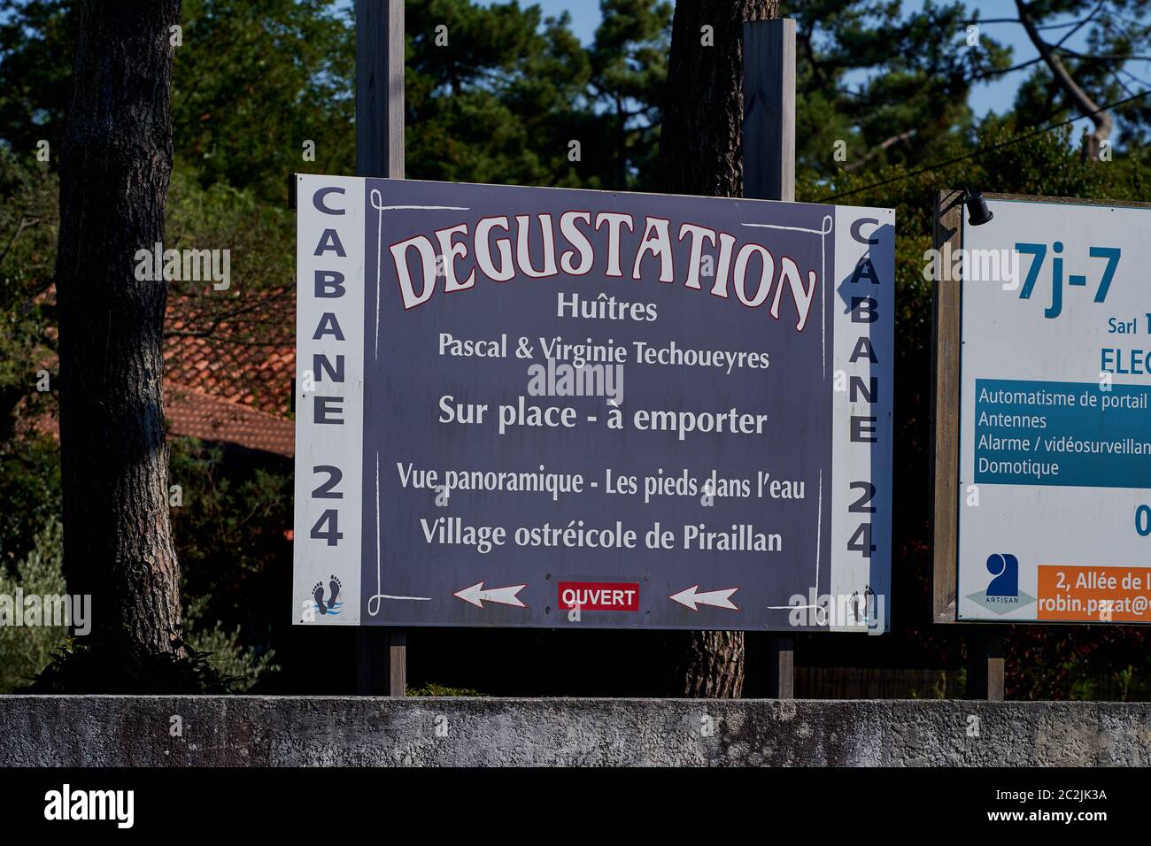 Ein Gerüstschild wirbt für eine Austernverkostung in Cabin 24, im Austern Dorf Piraillan, im Arcachon Becken, Frankreich Stockfoto