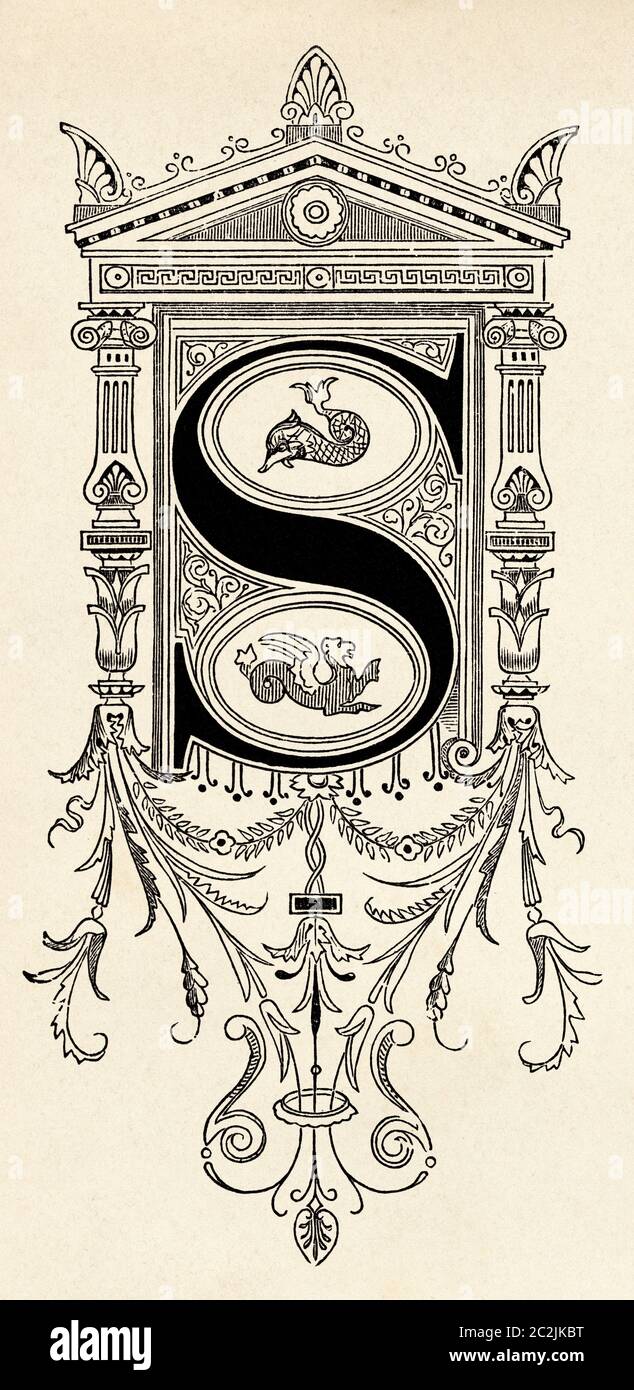 Design des 19. Jahrhunderts, Anfangsbuchstabe S. Alte Grafik aus dem 19. Jahrhundert, El Mundo Ilustrado 1880 Stockfoto