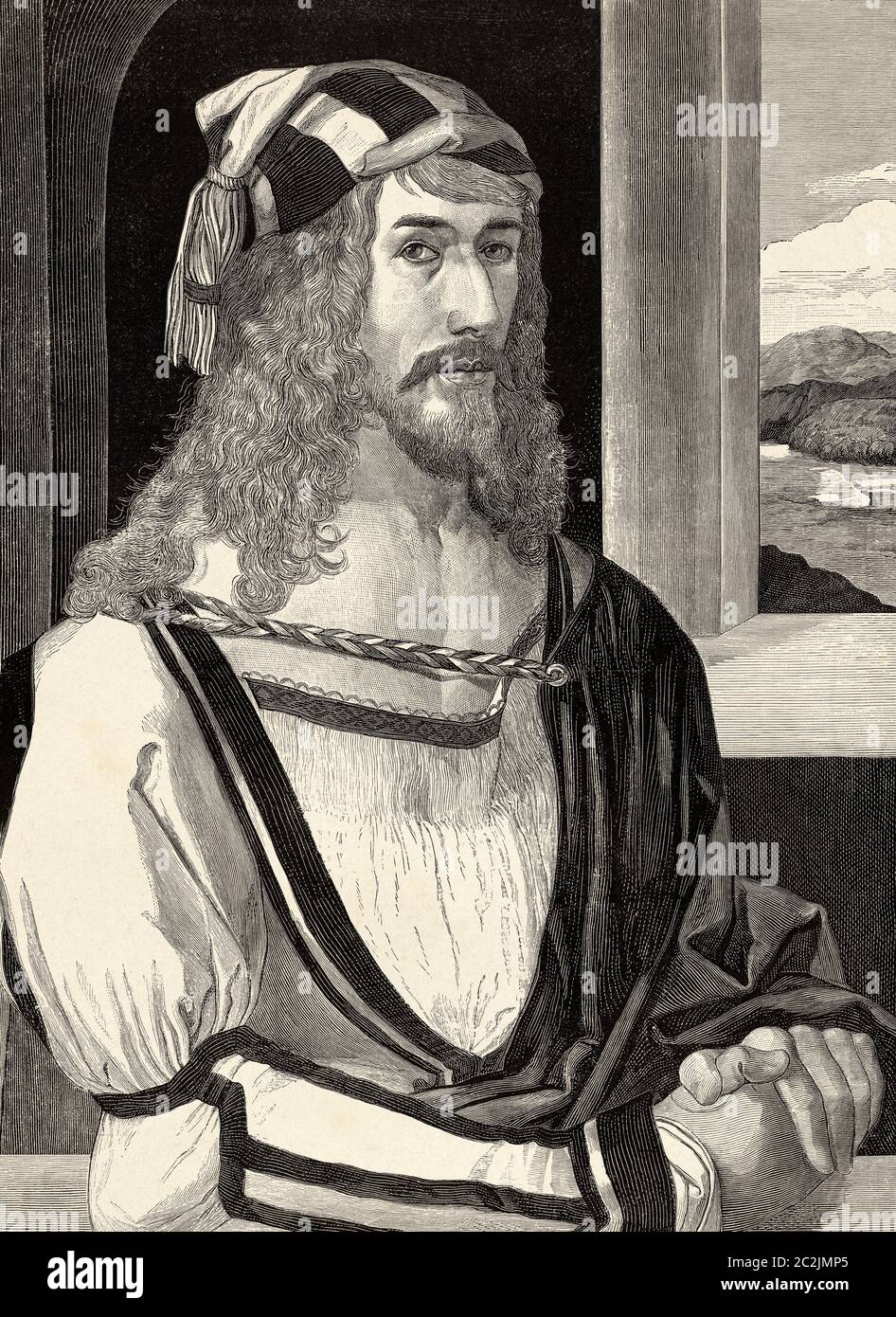 Selbstporträt von Albrecht Durer (1471 - 1528) Deutscher Maler, Grafiker und Theoretiker nach seinem Selbstporträt. Alte Illustration aus dem 19. Jahrhundert, El Mundo Ilustrado 1880 Stockfoto