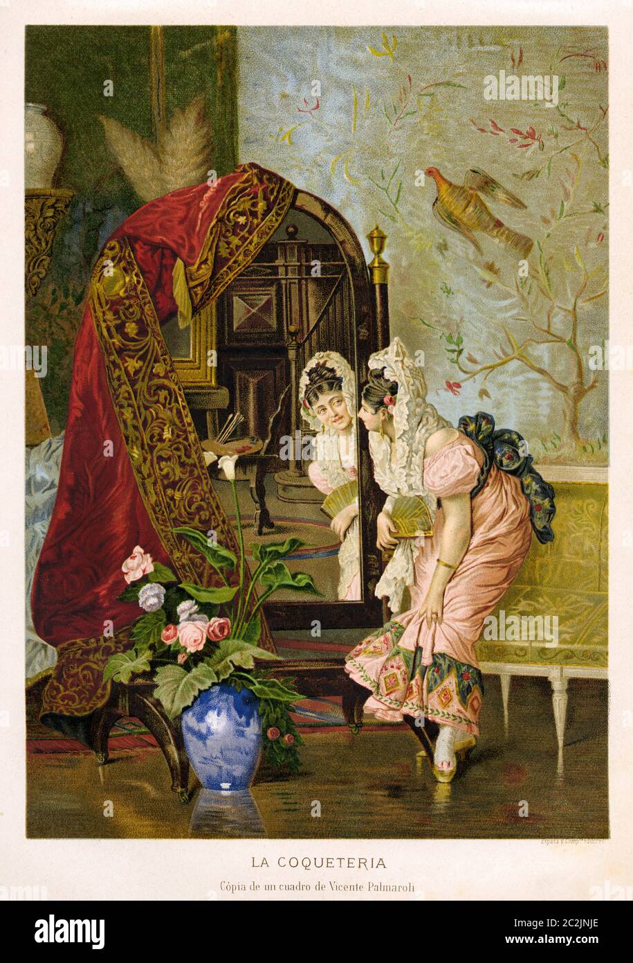 Gemälde einer kokettierten Frau aus dem 19. Jahrhundert, die in einen Spiegel schaut von Vicente Palmaroli (1834-1896) spanischer Maler der romantischen Zeit, die sich zu dem costumbrista-Gemälde entwickelte. Alte Illustration aus dem 19. Jahrhundert, El Mundo Ilustrado 1880 Stockfoto