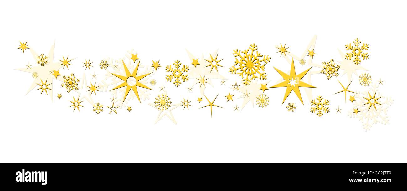 Weihnachtsdekoration mit goldenen Sternen und Schneeflocken Stockfoto