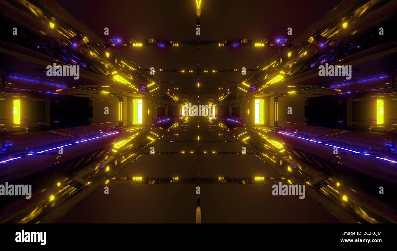 Futuristische sci-Fi Raum Hangar 3d Illustration Hintergrund Tapete, hohe reflektierende Tunnel 3d Rendeing Design Stockfoto